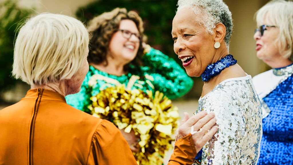 Polished woman talking with friends