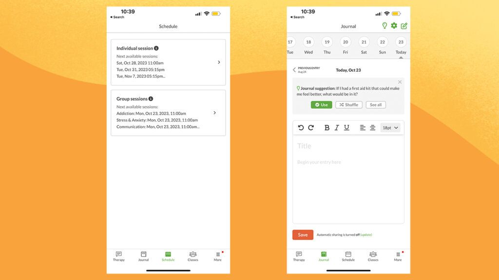 two screenshots, side by side, showing a (on the left) a scheduling page for individual sessions and group sessions. On the right, there's a journal entry space with a prompt.