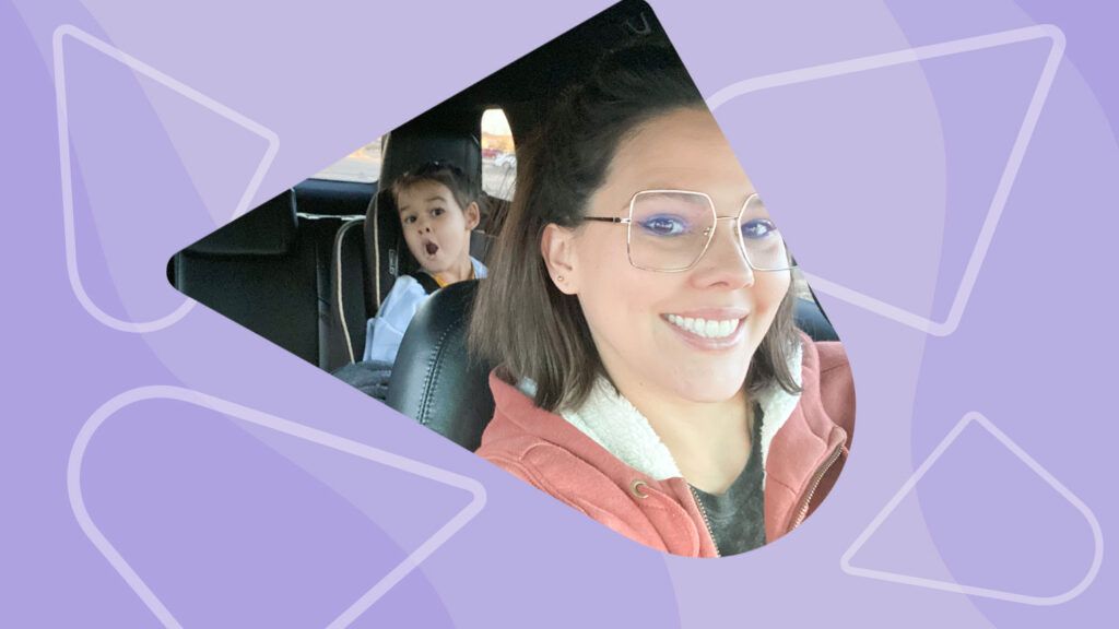 Collage, a women sitting in the front of a car, taking a selfie with her daughter in the back seat