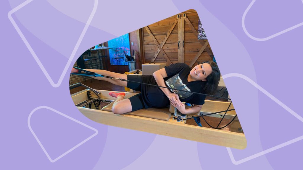 Collage, a woman wearing black shorts and t-shirt, doing exercises on a pilates reformer