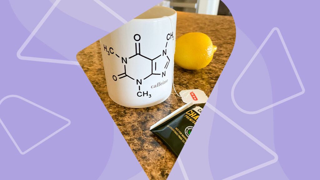 Collage, a mug with chamomile tea and a lemon
