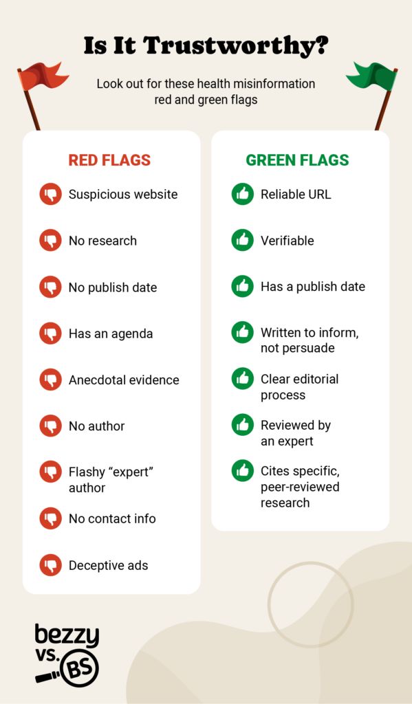 illustrated list of red and green flags to determine if health information is trustworthy