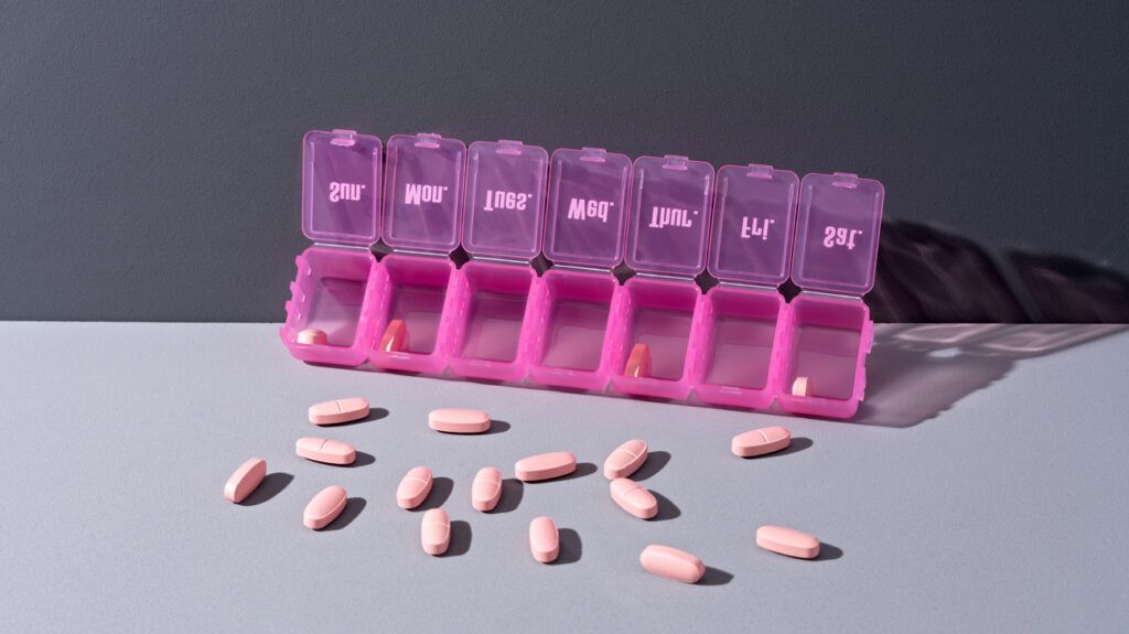 A purple supplement organizer with pills spread across the table