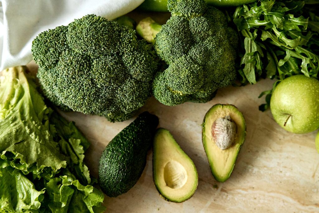 Green, high fiber vegetables including broccoli and avocado