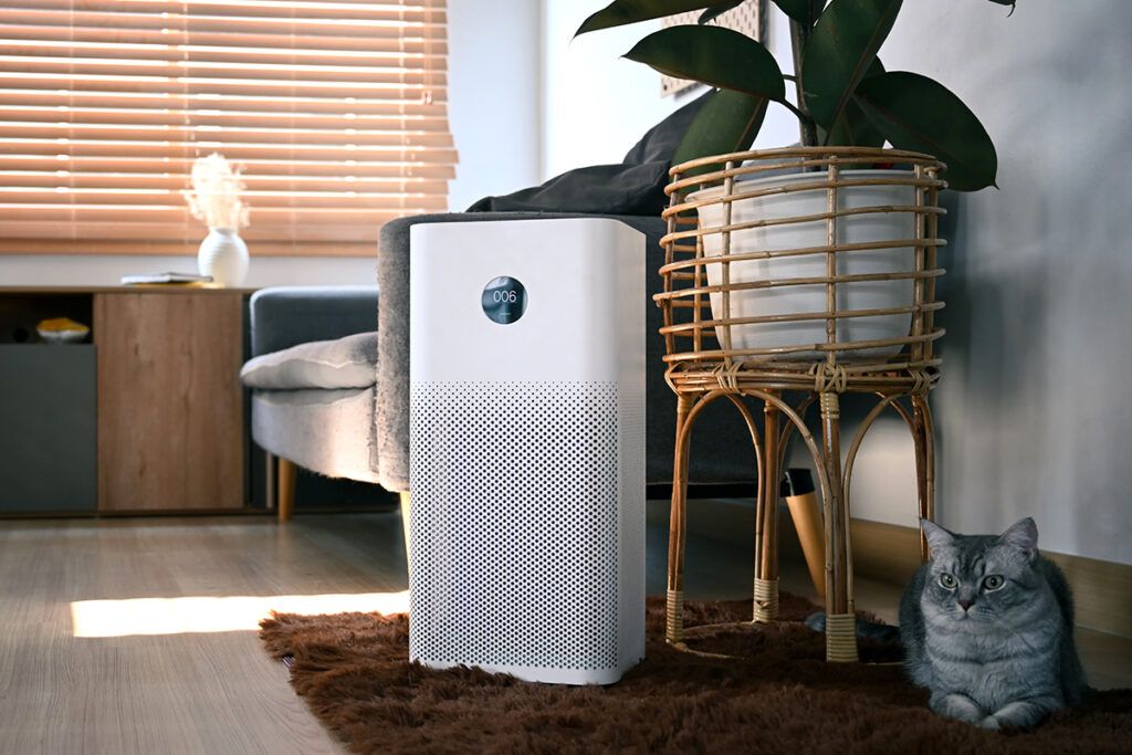 An air purifier in a home next to a cat, used to treat asthma symptoms.