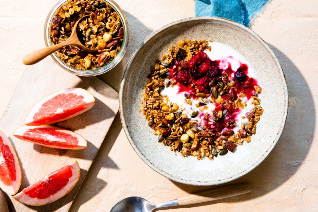 Granola and fruits in a bowl