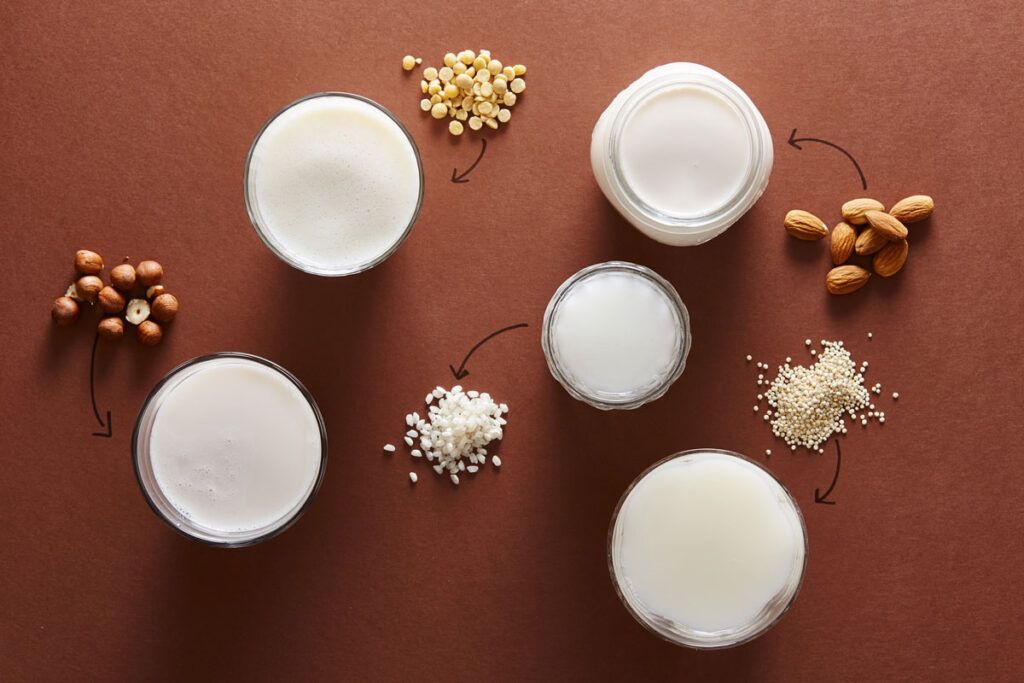 Overhead shots of differently sized containers with different milk types when looking for the best milk for diabetes