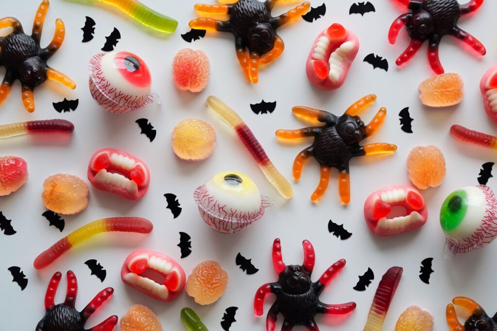 A collection of halloween style candy that are not foods that will lower your blood sugar.