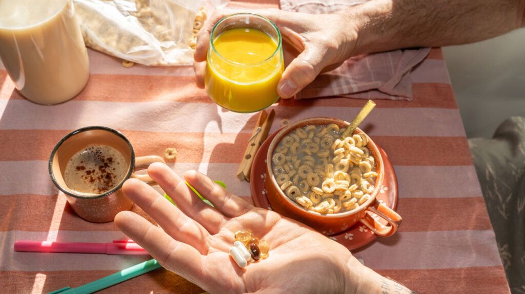 A person taking simethicone tablets with their breakfast.